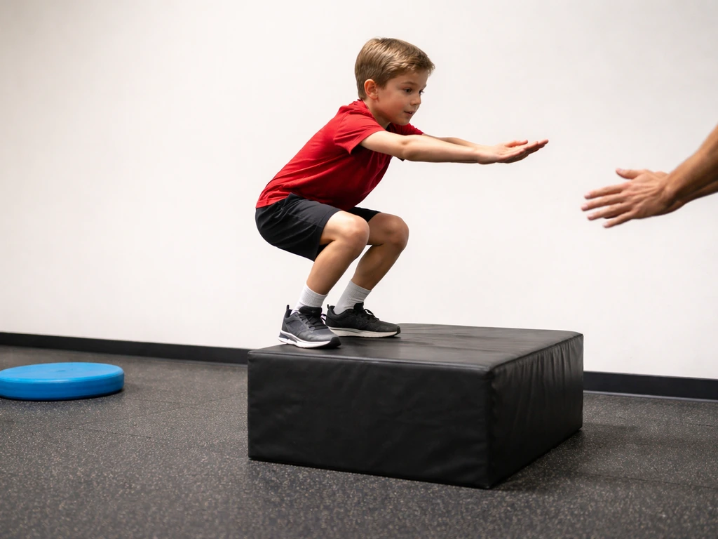 Child supervised jump-landing drill in a clean gym, emphasizing safe form over unsafe practice.