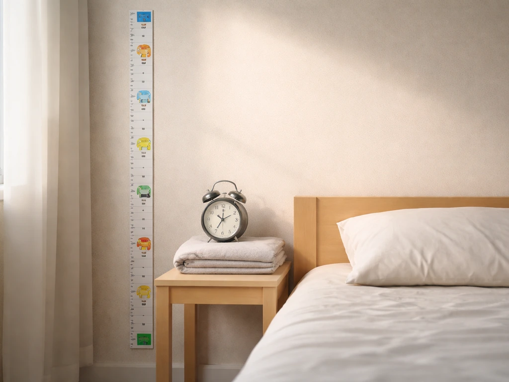 Measuring tape beside a bed with an analog clock, suggesting sleep supports growth.