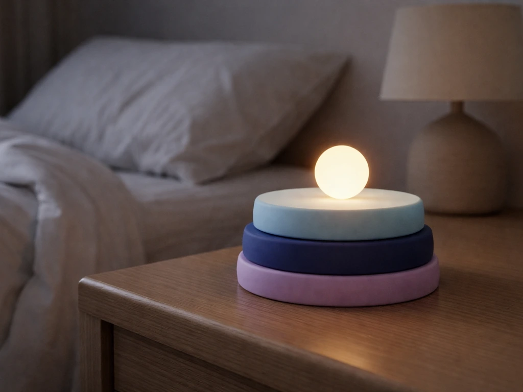 Minimal bedroom night scene with layered colored sleep-stage bands and a single warm peak glow.