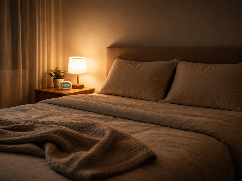 Dimly lit bedroom bed with pillows, blanket, and a bedside clock signaling bedtime.