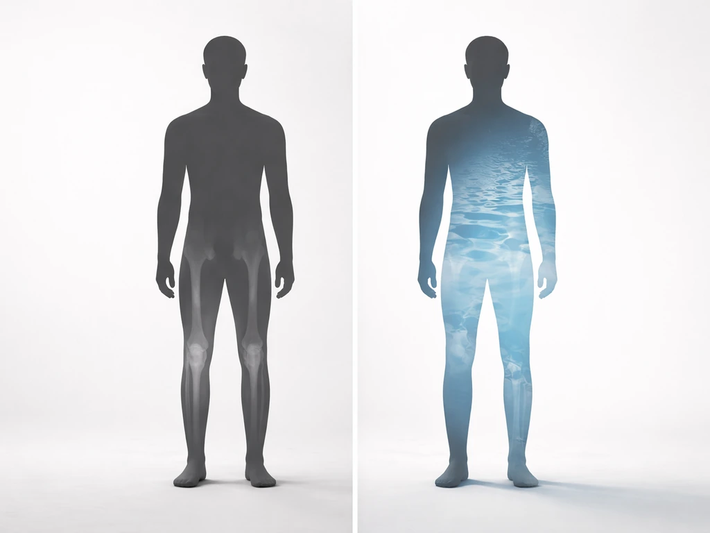 Split image: human height silhouette with faint growth-plate overlay fading into clean water hydration theme.