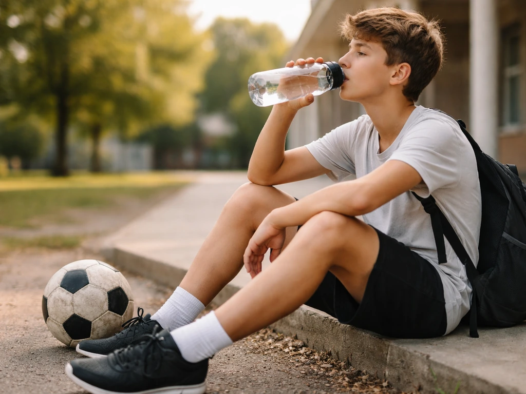 Teenager drinking water from a clear bottle outdoors near sports gear and a school walkway