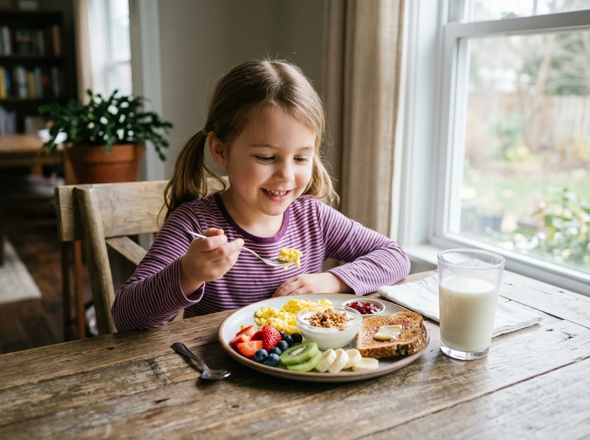 Child enjoying a balanced breakfast with milk
