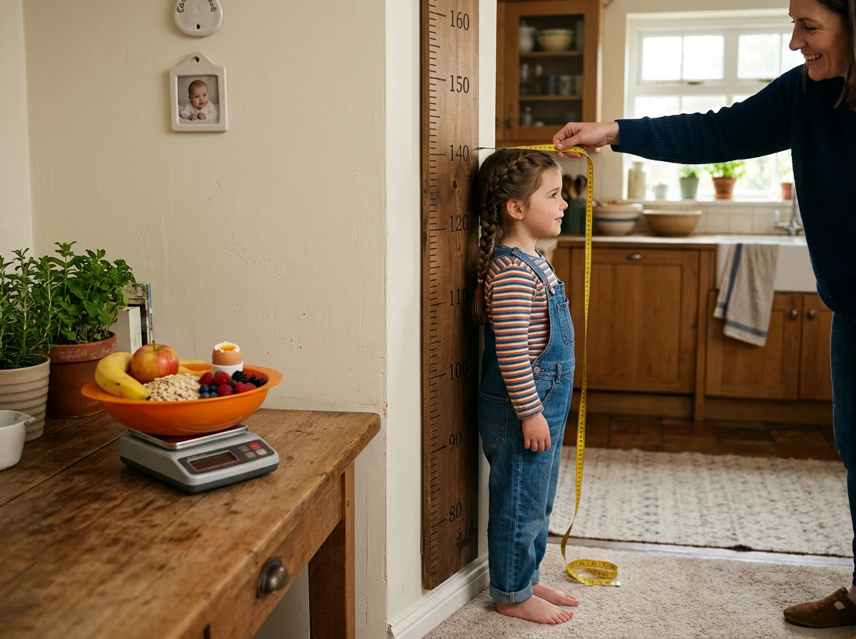 Measuring height on a wall growth chart with tape