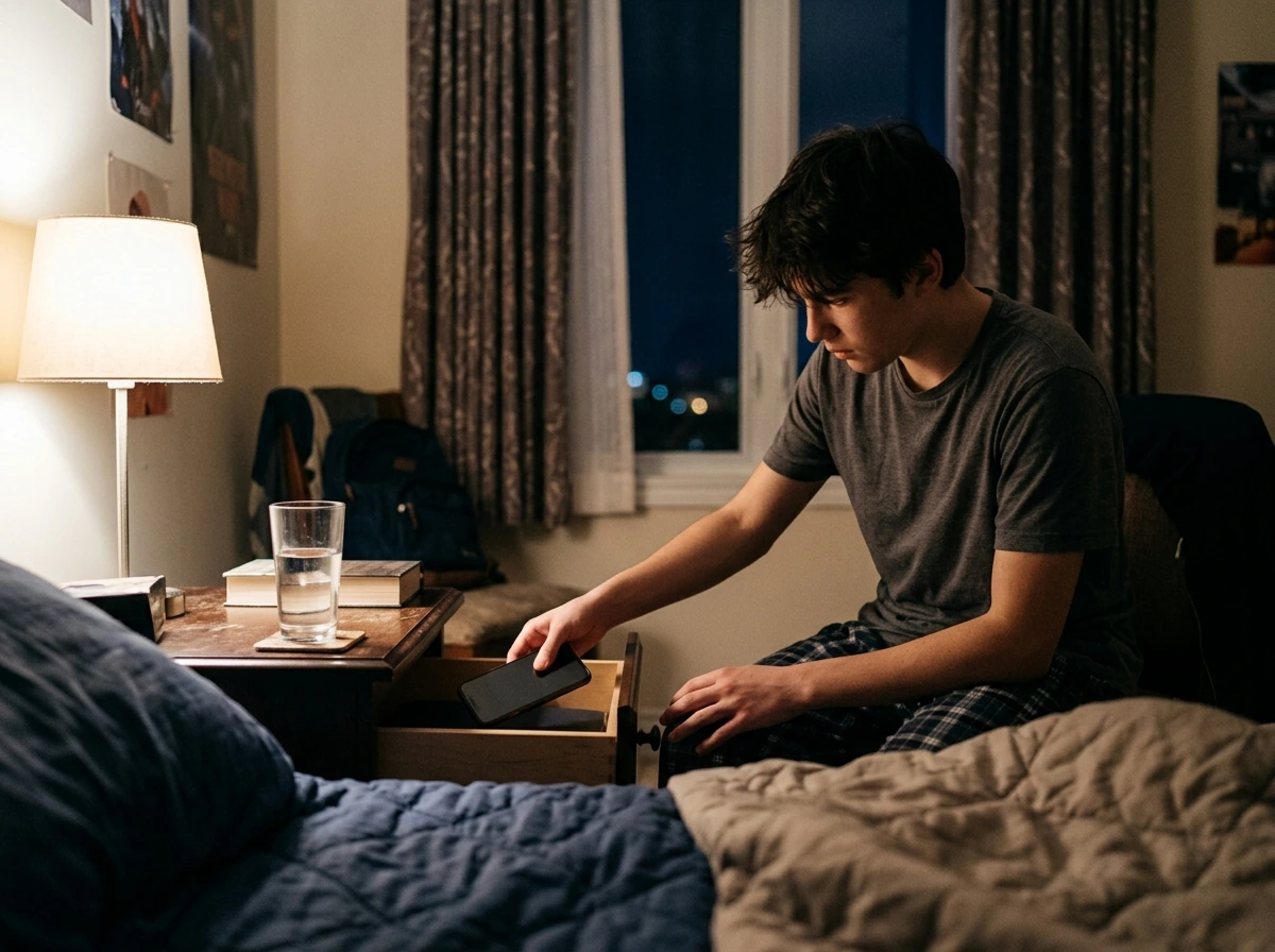 Teen setting up for sleep by putting away a phone