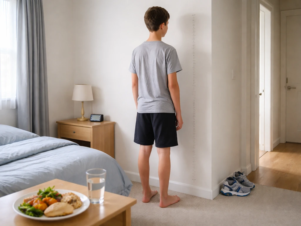 Anonymous teen stands upright in a bedroom with sleep, healthy food, and sneakers cues nearby.