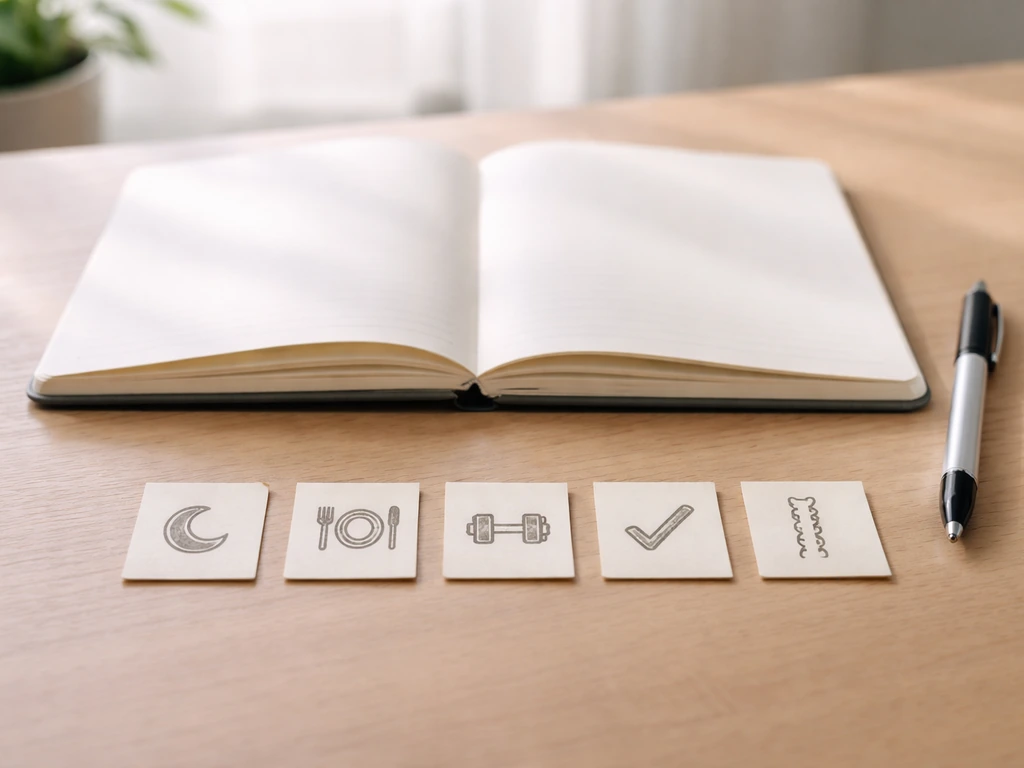 Minimal desk setup with a notebook and five small icons symbolizing sleep, nutrition, exercise, and consistency
