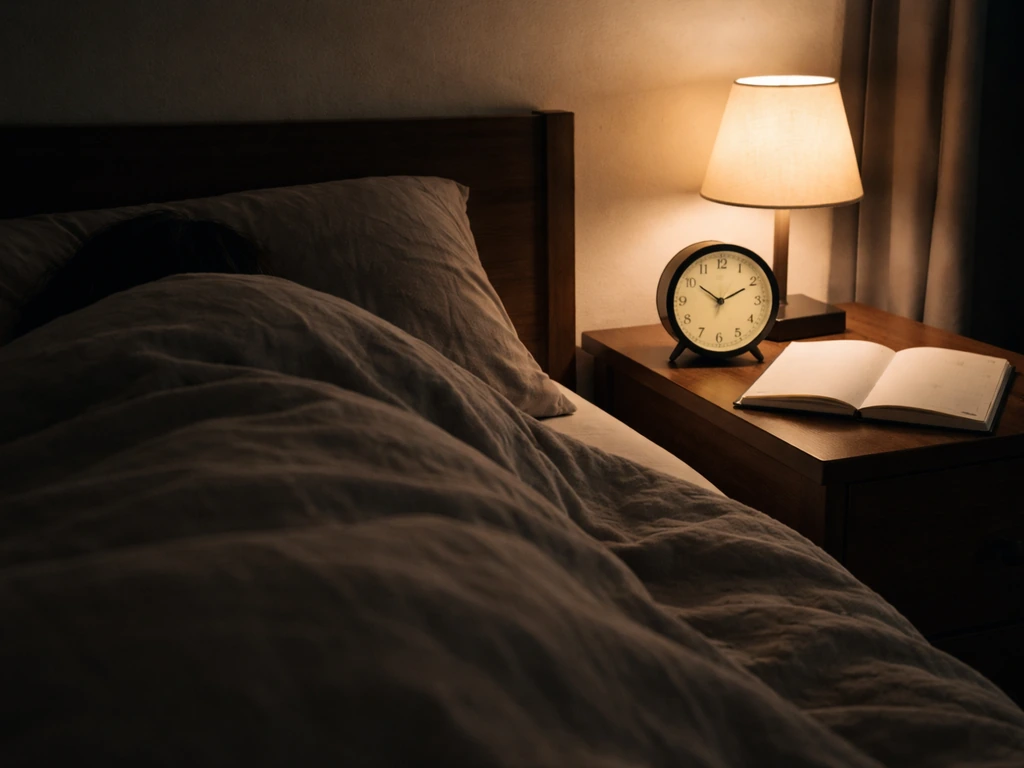 Dark quiet bedroom at night with bedside clock and open notebook, calm minimal deep-sleep mood.