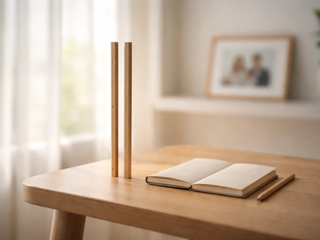 Measuring rulers and an untitled notebook by a window, softly blurred family photo in background.