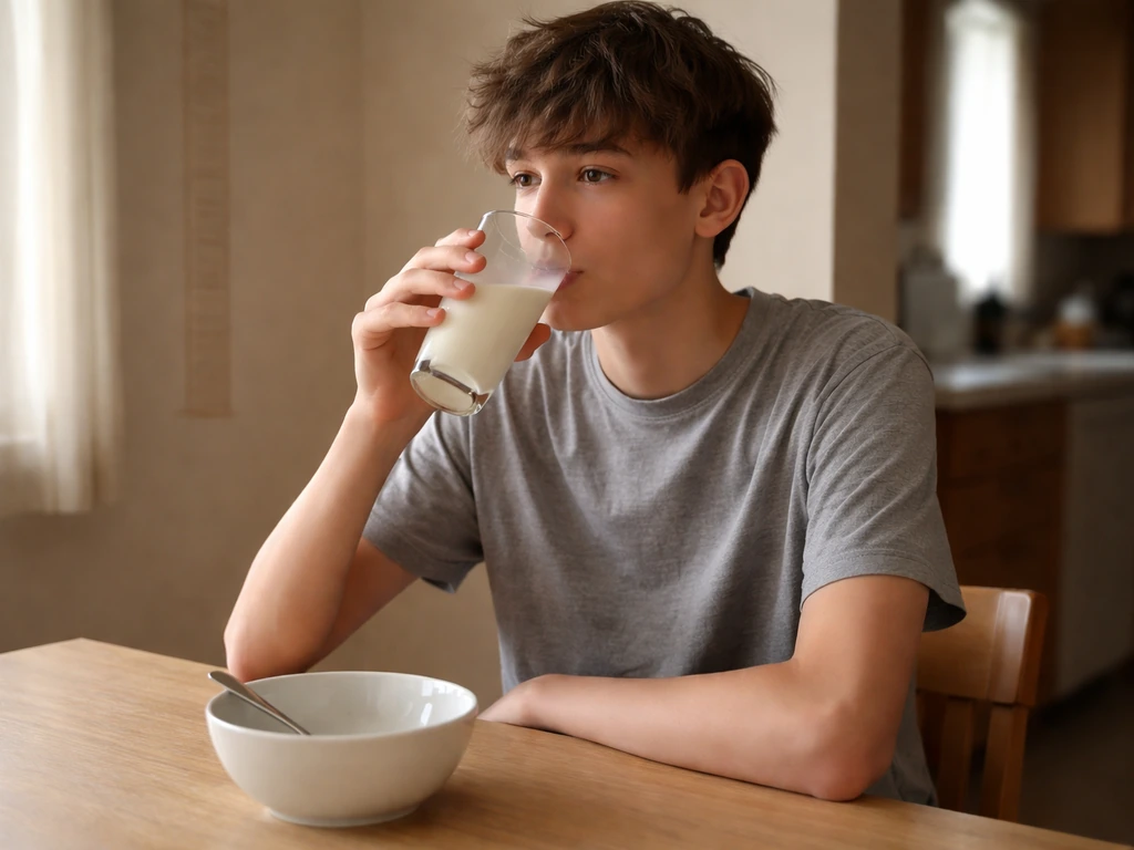 Teen sitting at kitchen table drinking milk with sunlight, simple growth-themed background