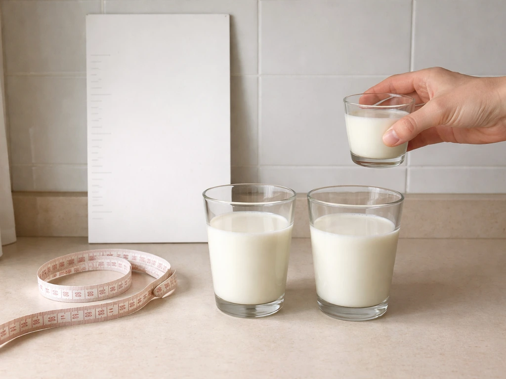 Natural-light kitchen scene with two glasses of milk and a measuring tape by a blank height chart board.