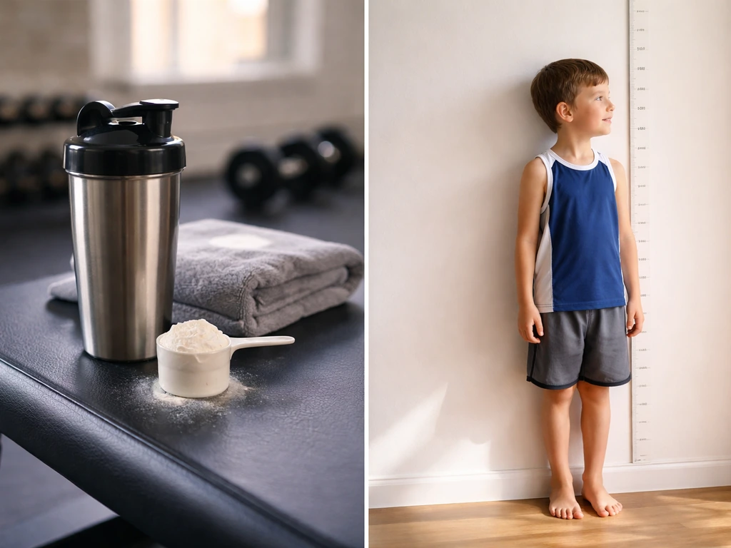 Two-panel food scene: post-workout whey shaker and protein scoop beside a child in sports shoes near a height marker