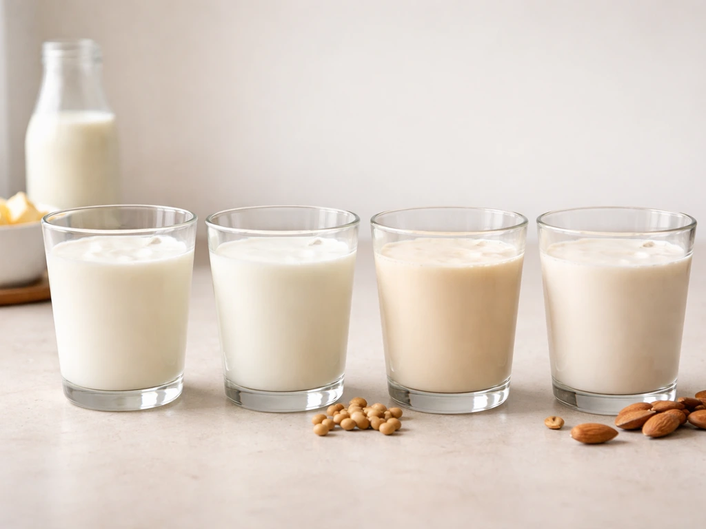 Four milk options in clear glasses on a minimal kitchen counter, neatly arranged under natural light.