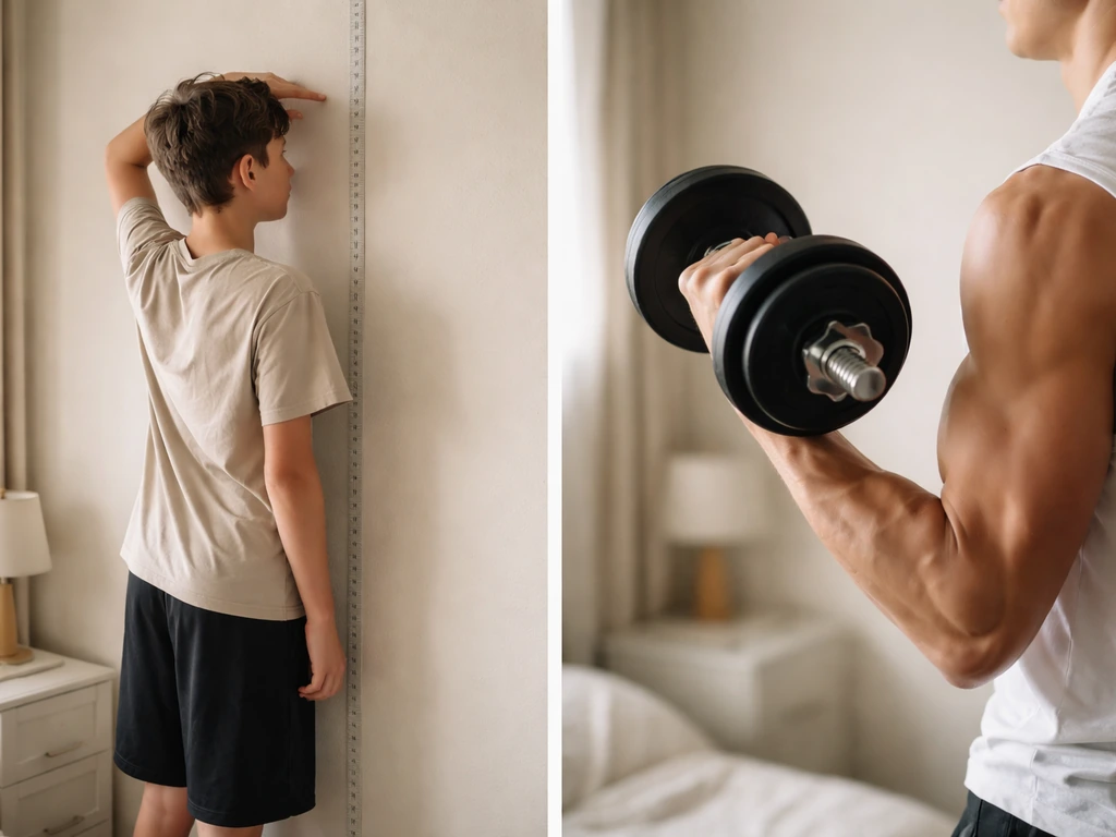 Split view of a teen’s height growth versus a strength-training scene showing muscle growth