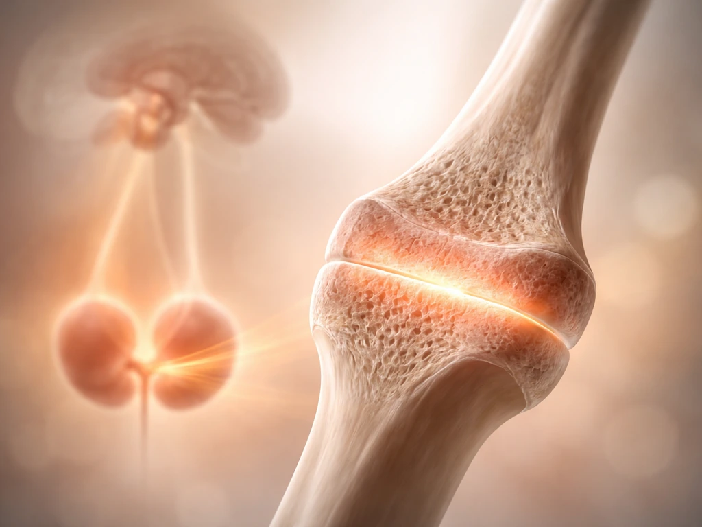 Minimal photoreal anatomy scene: bone growth plate with a warm glow suggesting testosterone action during puberty.