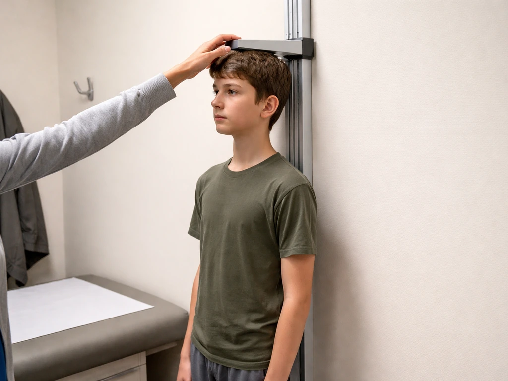 Clinician measures a teen’s height with a wall stadiometer during a calm exam visit