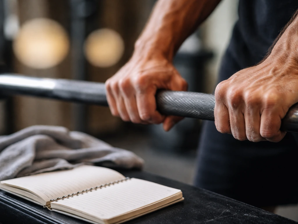 Close-up of hands lifting a barbell with a notebook beside the weight, concept of muscle growth.