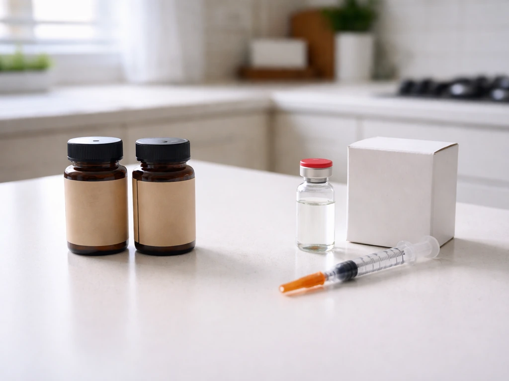 Unlabeled supplement bottles beside a prescription-style vial and capped syringe on a clean counter.