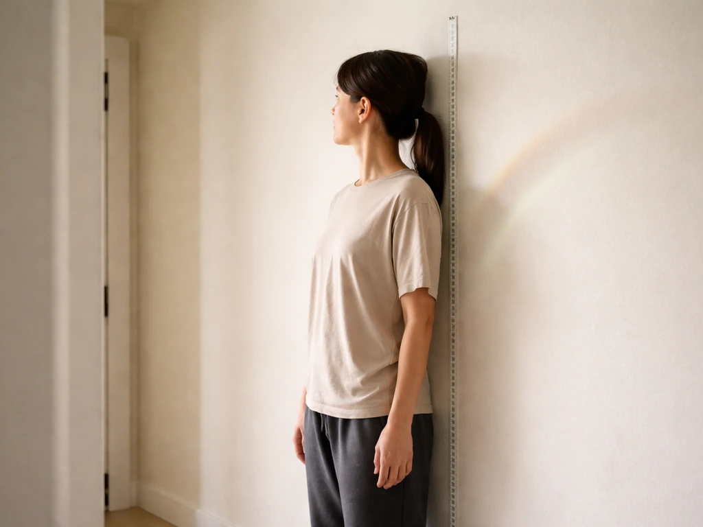 Person standing by a measuring tape near a wall with a subtle abstract growth-curve light pattern behind.