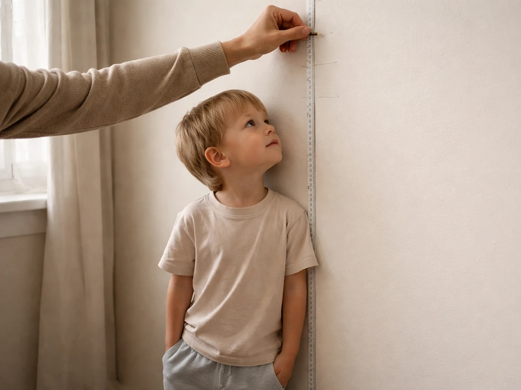 Parent and child measure height on a wall with a tape, showing growth points at different ages.