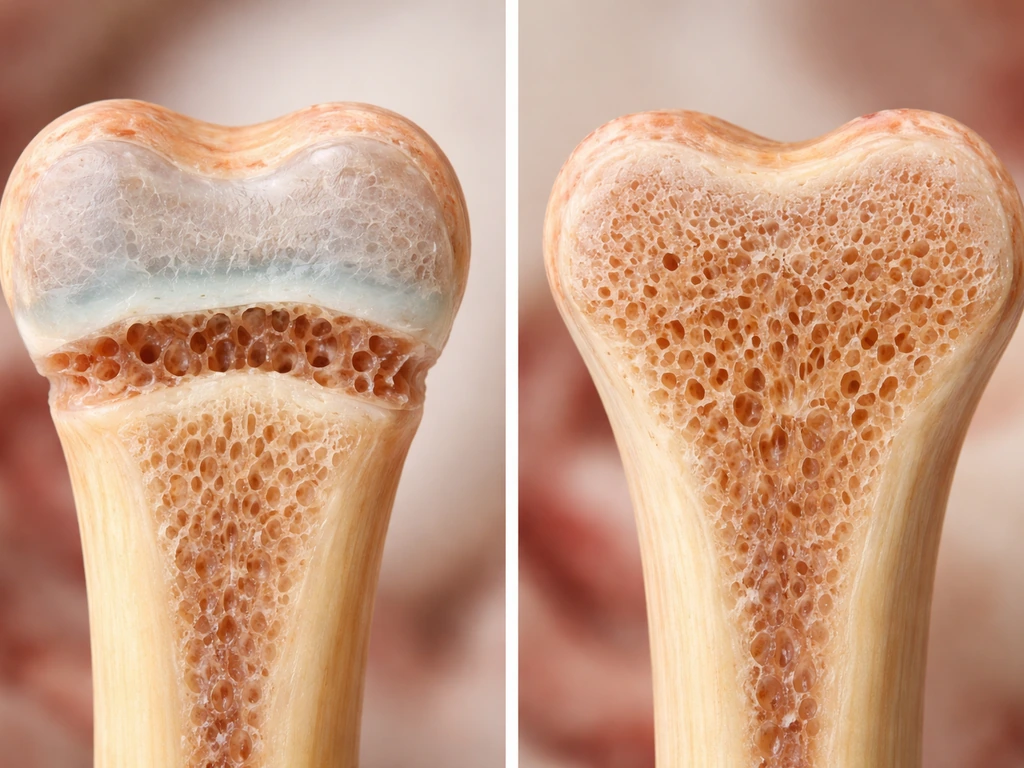 Close-up medical cross-section of a long bone showing open vs fused growth plate regions.