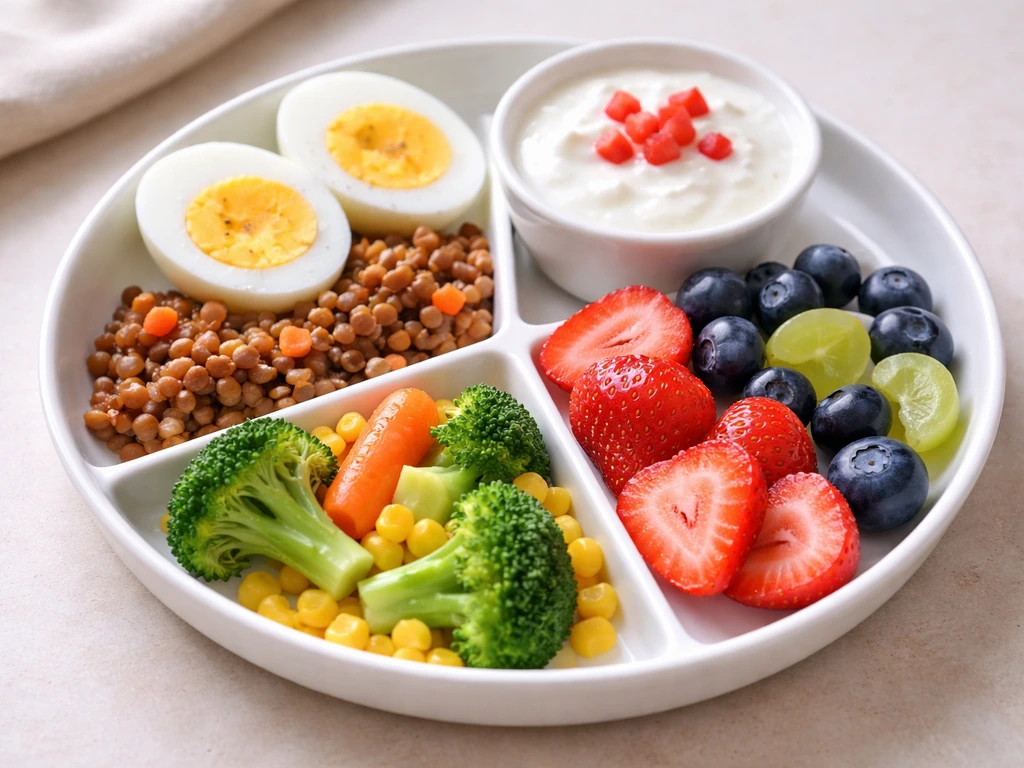 Close-up of a balanced plate with eggs, lentils, dairy, and fruits/vegetables.
