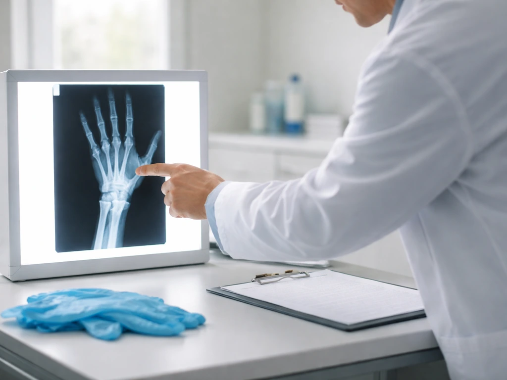 Clinician in a clinic room reviewing a left-hand and wrist X-ray on a lightbox near a desk.