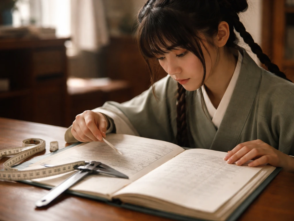 Anime-inspired young woman measuring growth tools beside medical records on a wooden desk.