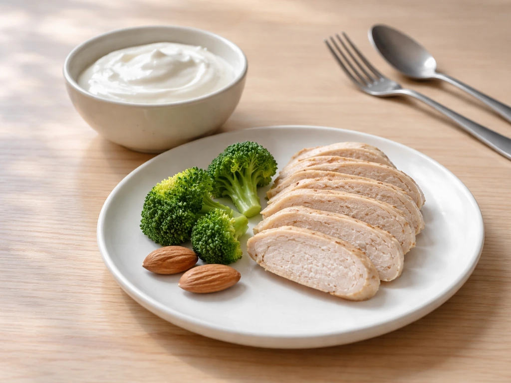 Flat-lay of protein-rich chicken, yogurt, broccoli, and almonds on a plate to suggest nutrition support.