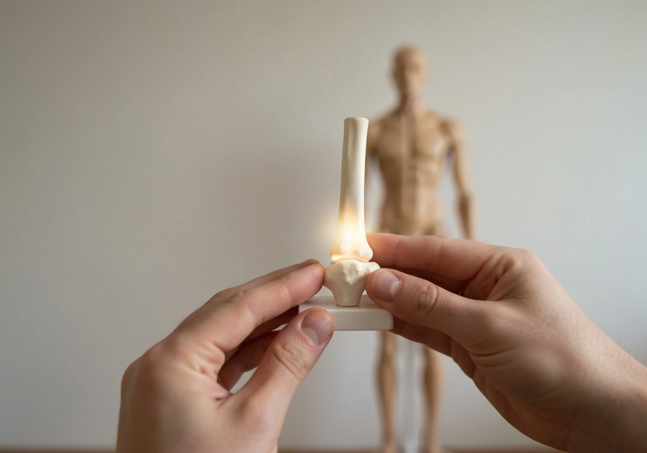 Hands holding a small leg-bone model with an open growth plate concept, suggesting HGH can help only then.
