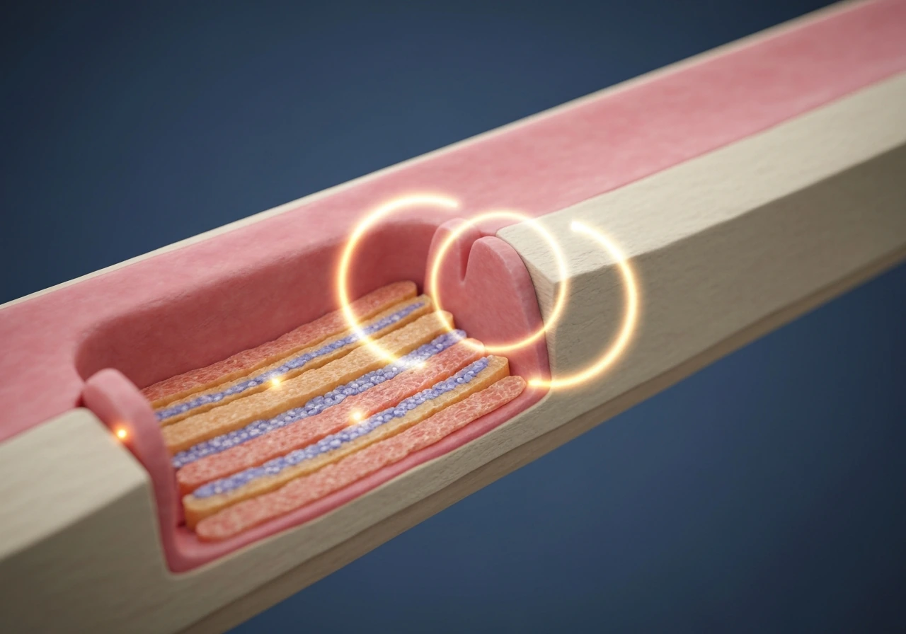 Realistic medical-style cross-section of an open growth plate with chondrocytes along a growing bone