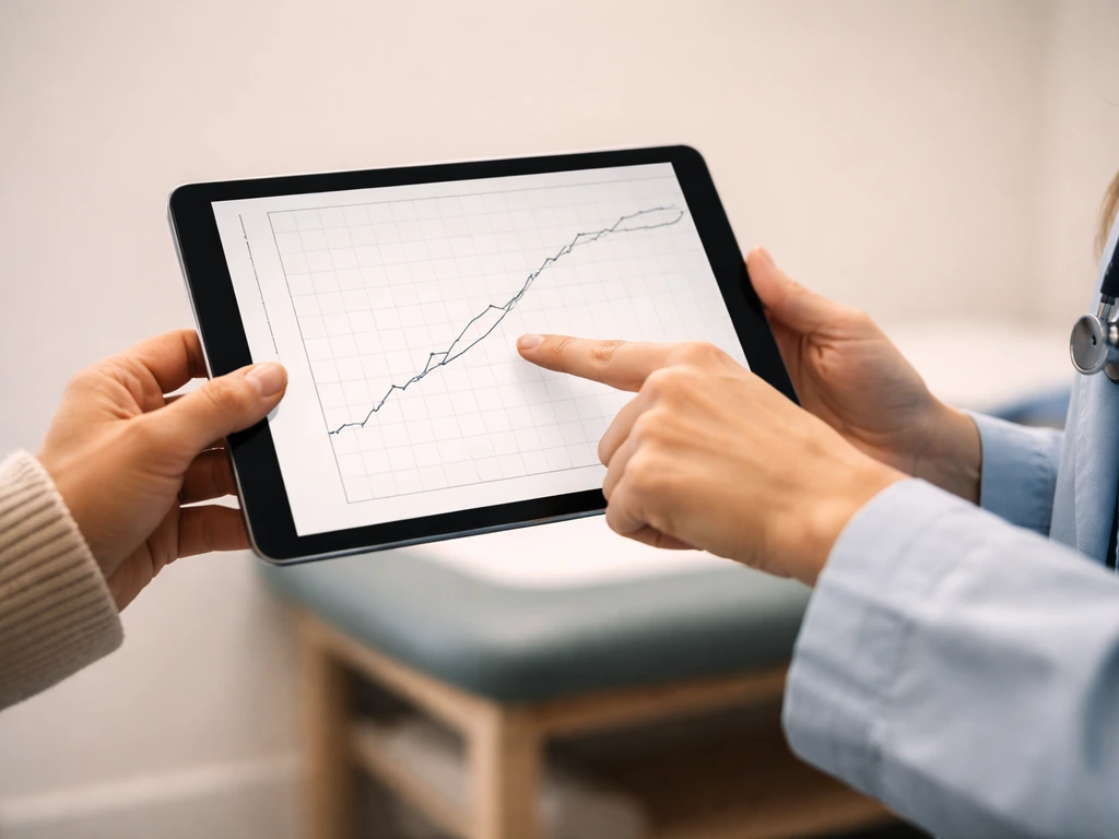 Parent and pediatric clinician examining a child’s growth chart with height over time on a tablet