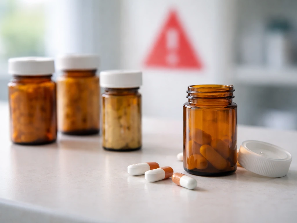 Unsupervised HGH risk scene with prescription vials and a caution sign on a pharmacy counter