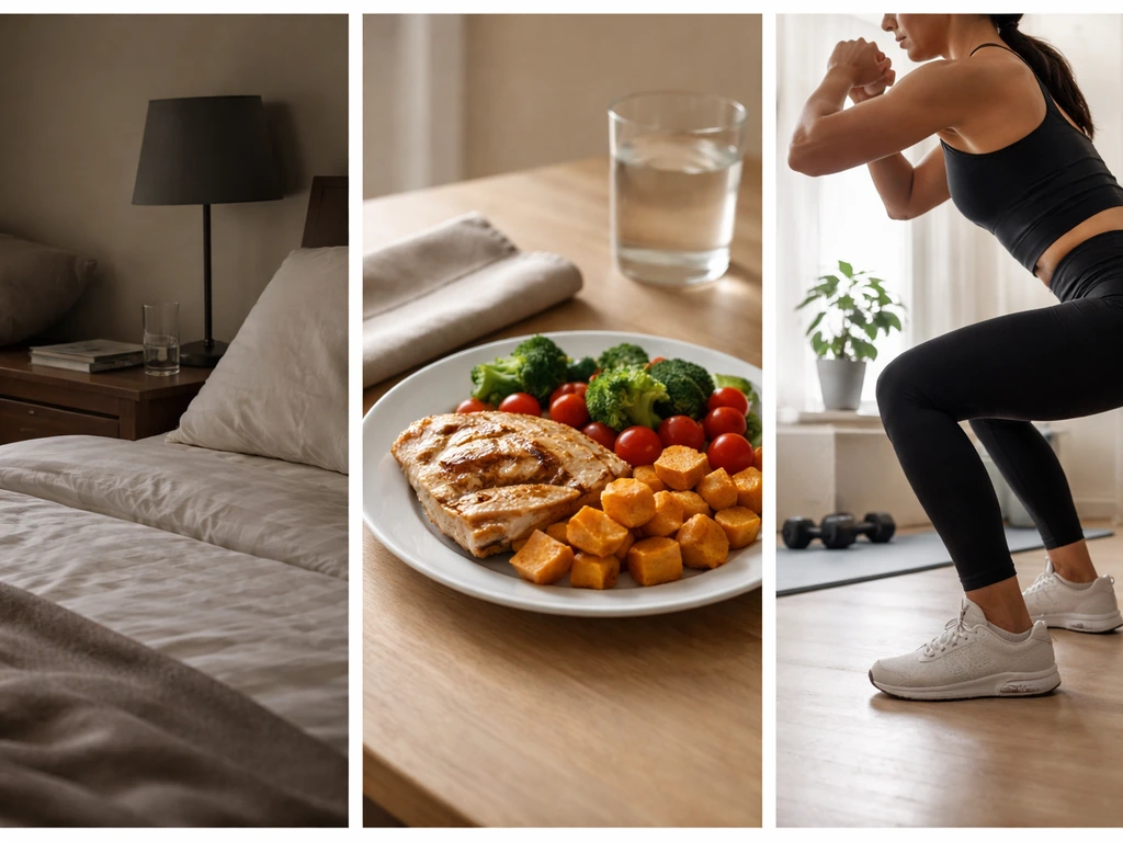 Minimal montage: lights out bedroom, protein meal on a plate, and an anonymous person doing squats/jumping.