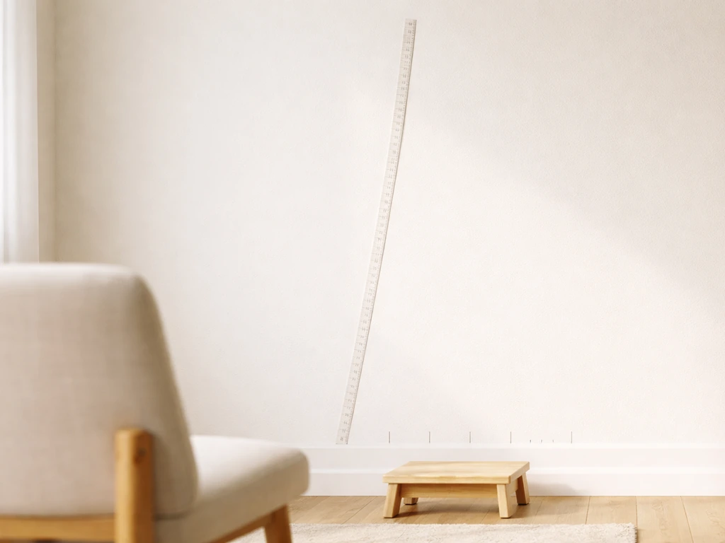 Side view of a wall height-measurement setup with a measuring tape and subtle age markers suggesting growth.