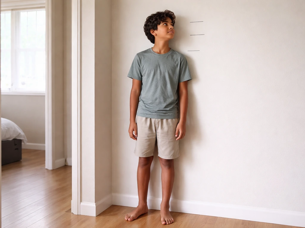 Teenager standing beside a wall with height marks, morning light, focused and calm mood
