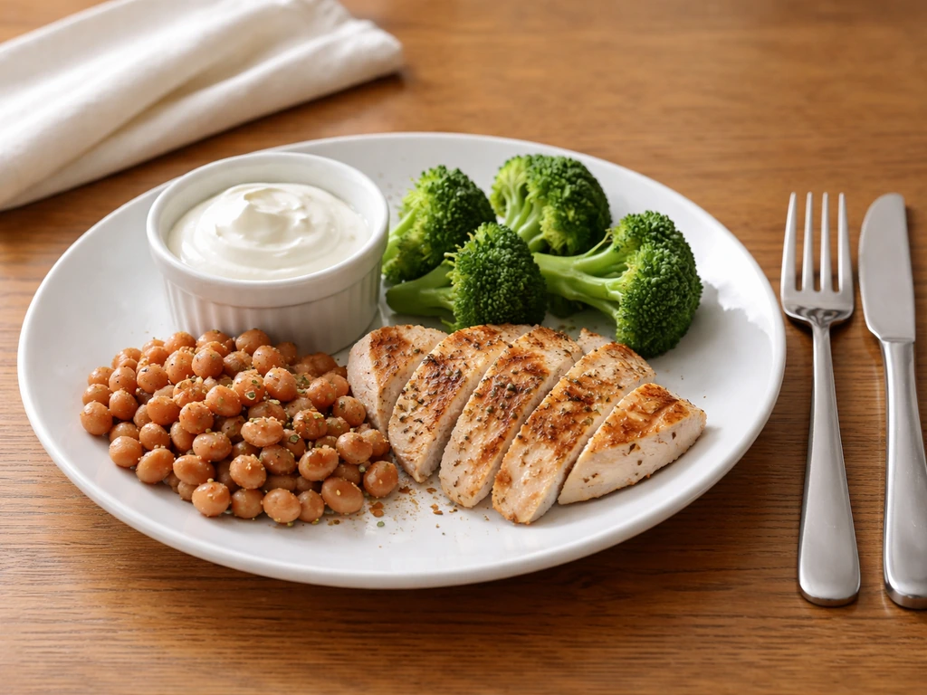 Protein-forward lunch plate with chicken, beans, and yogurt beside a fork and napkin