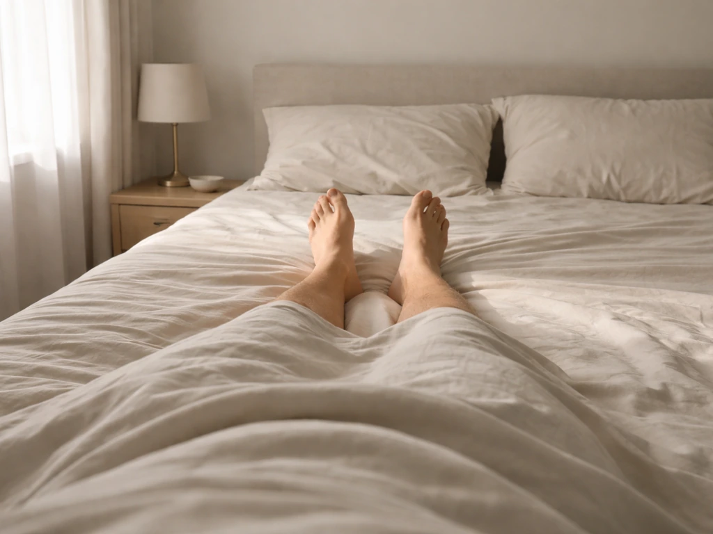 Person lying in bed with legs straight, showing comfortable sleep posture in a simple bedroom
