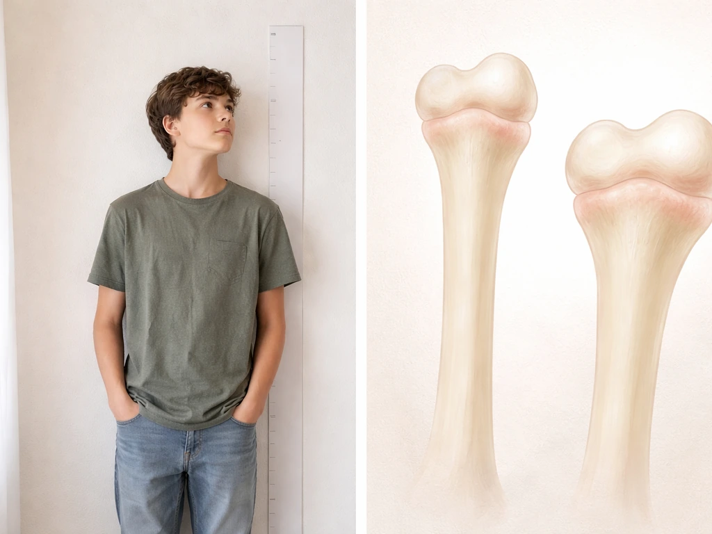 Teen beside a blank height gauge with a subtle inset of non-graphic growth-plates concept.