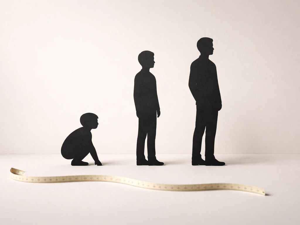 Three height silhouettes in a simple progression: childhood, adolescence growth spurt, and adult plateau.