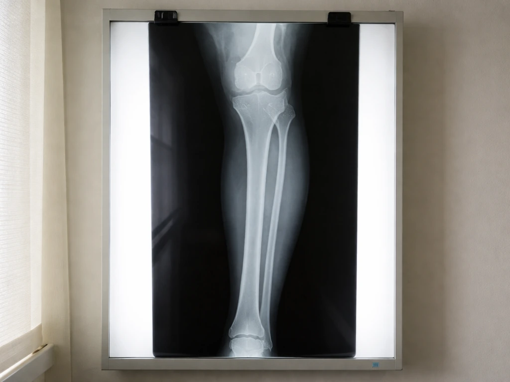 Clinical lateral X-ray showing long bone growth plate region with fused appearance, medical lighting and minimal setting