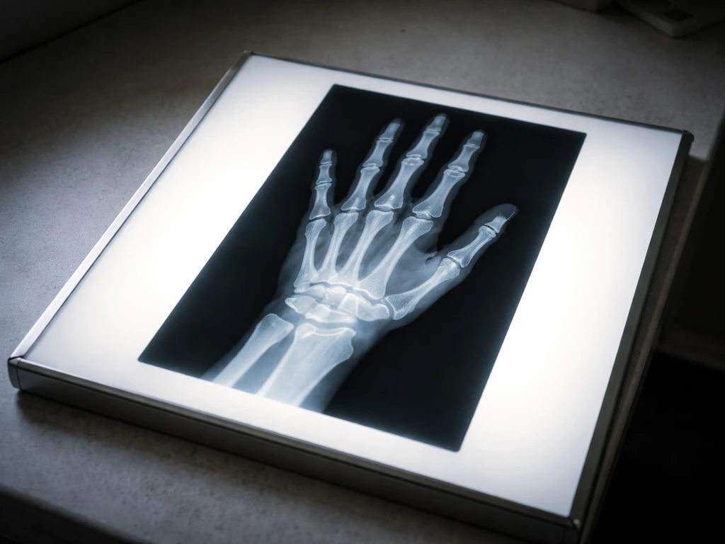Close-up of a left hand and wrist X-ray film displayed on a lightbox for bone age assessment.
