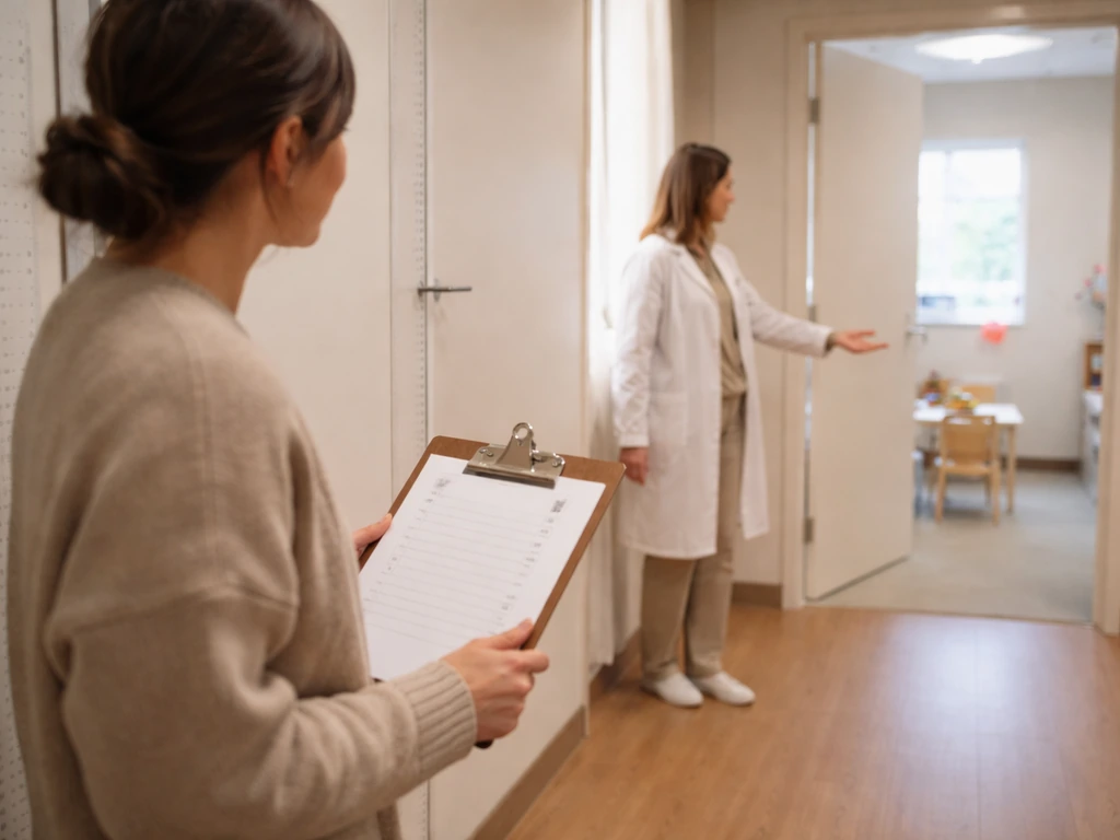 Parent holding blank height log while clinician gestures toward an exam room in a pediatric clinic.