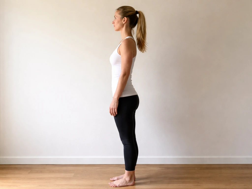 Person standing in correct alignment: ears over shoulders, shoulders over hips, hips over ankles.