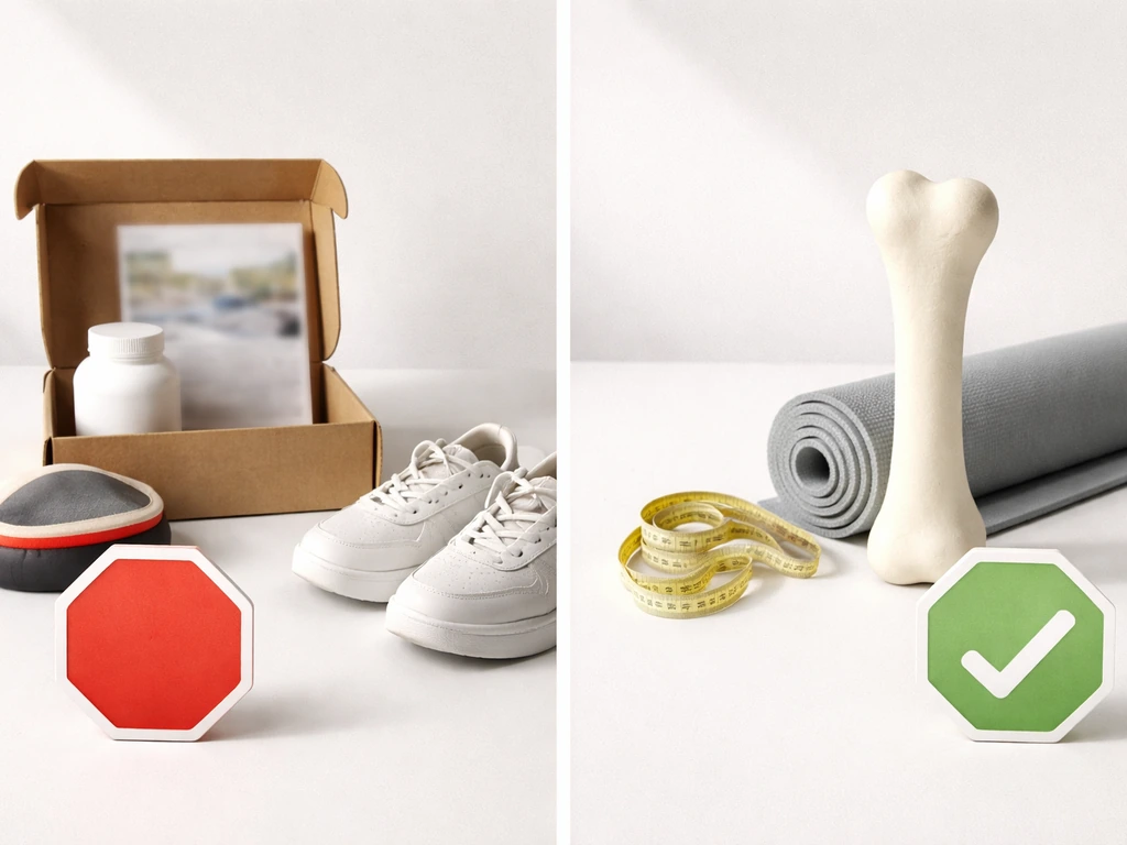 Minimal collage comparing hyped “grow taller” props vs safer bone-mechanics-style props, with stop sign over jumping.