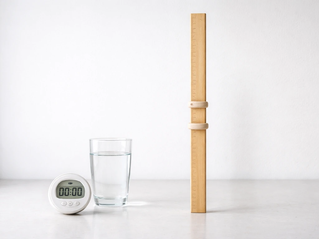 Minimal kitchen scene with a yardstick, timer, and water suggesting fasting doesn’t increase height.