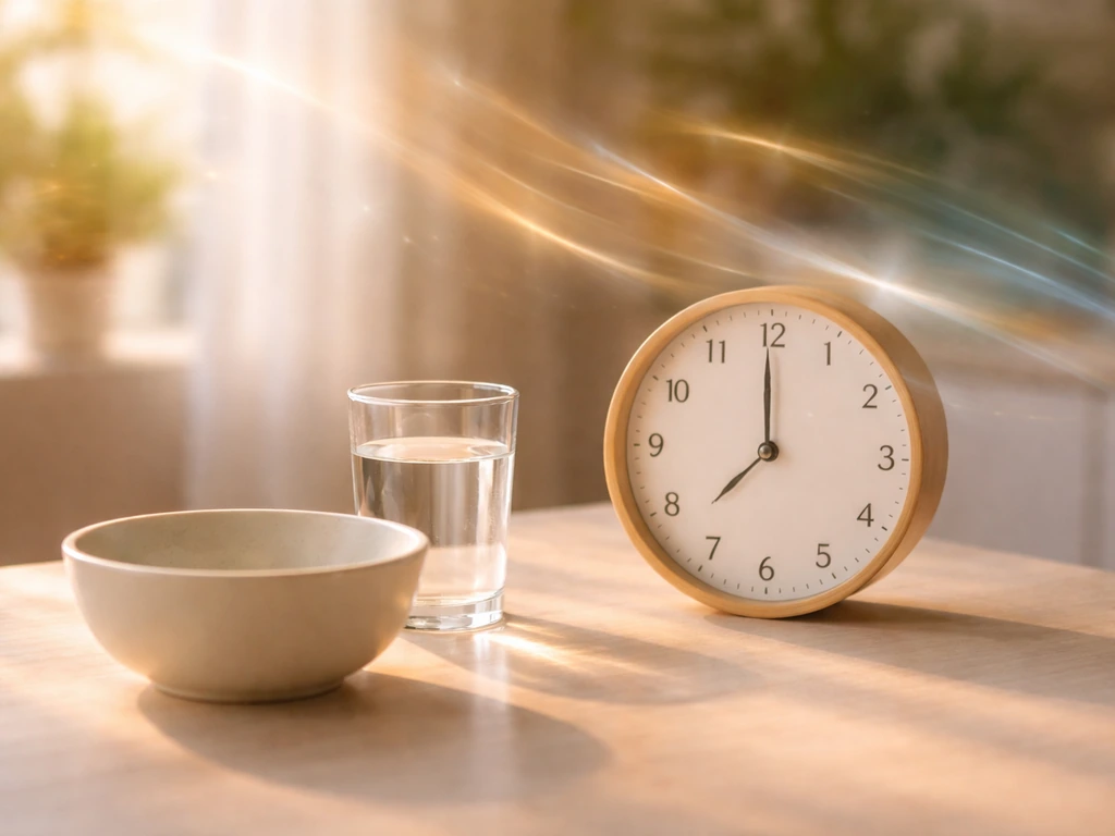 Minimal photo of a clock and empty bowl, with warm light suggesting hormonal changes during fasting
