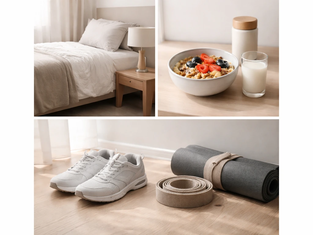 Minimal checklist scene: teen bedroom bedding, breakfast bowl, and sports shoes for healthy growth habits