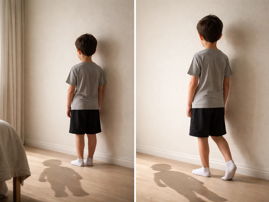 Anonymous child silhouette near a plain wall, subtly showing posture shift like weight gain then taller growth.