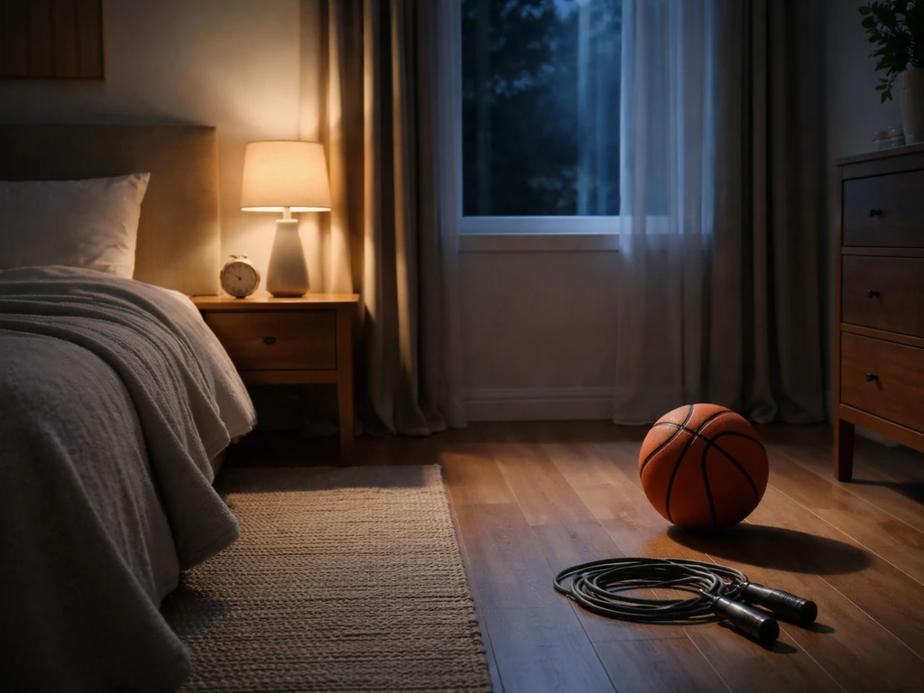 Minimal bedroom bedtime scene beside a simple night-time ball-and-rope activity moment.